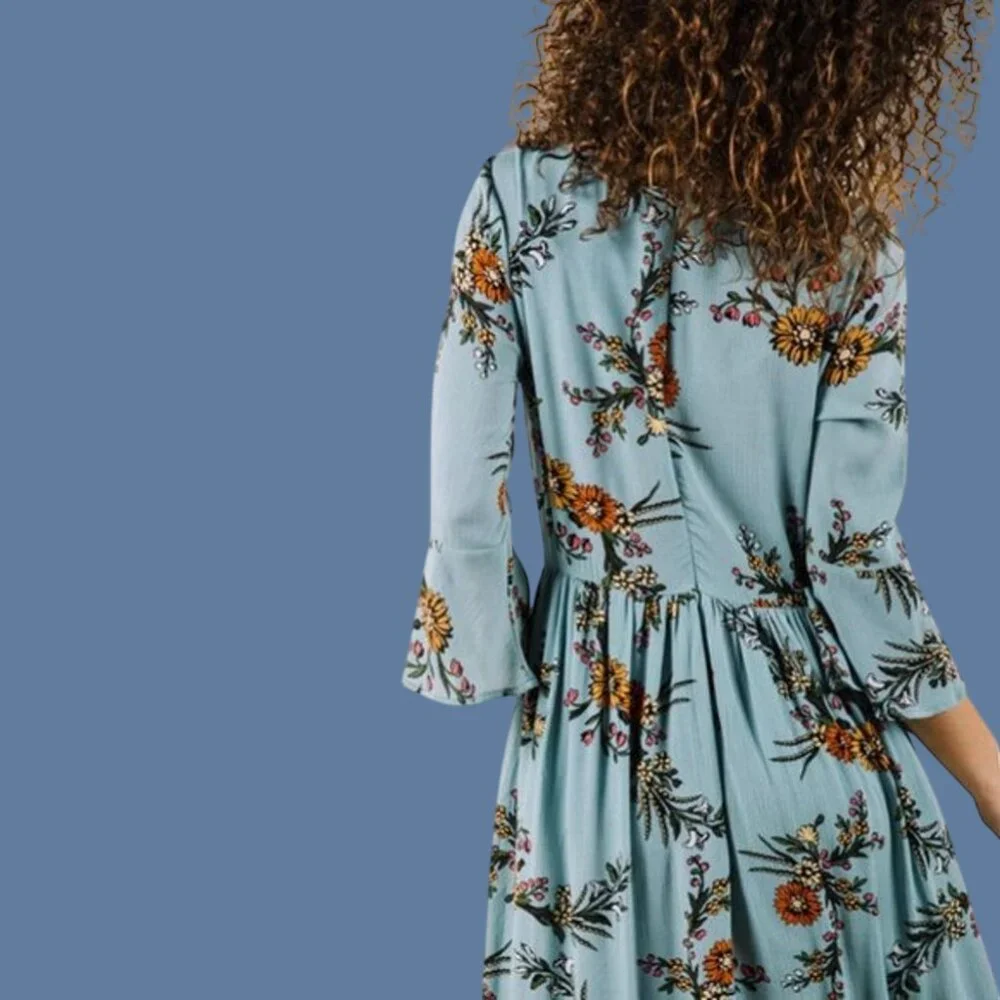 Women's Flounce 3/4 Sleeve Gathered Waist Crew Neck Floral Fit & Flare Dress L - Picture 3 of 6